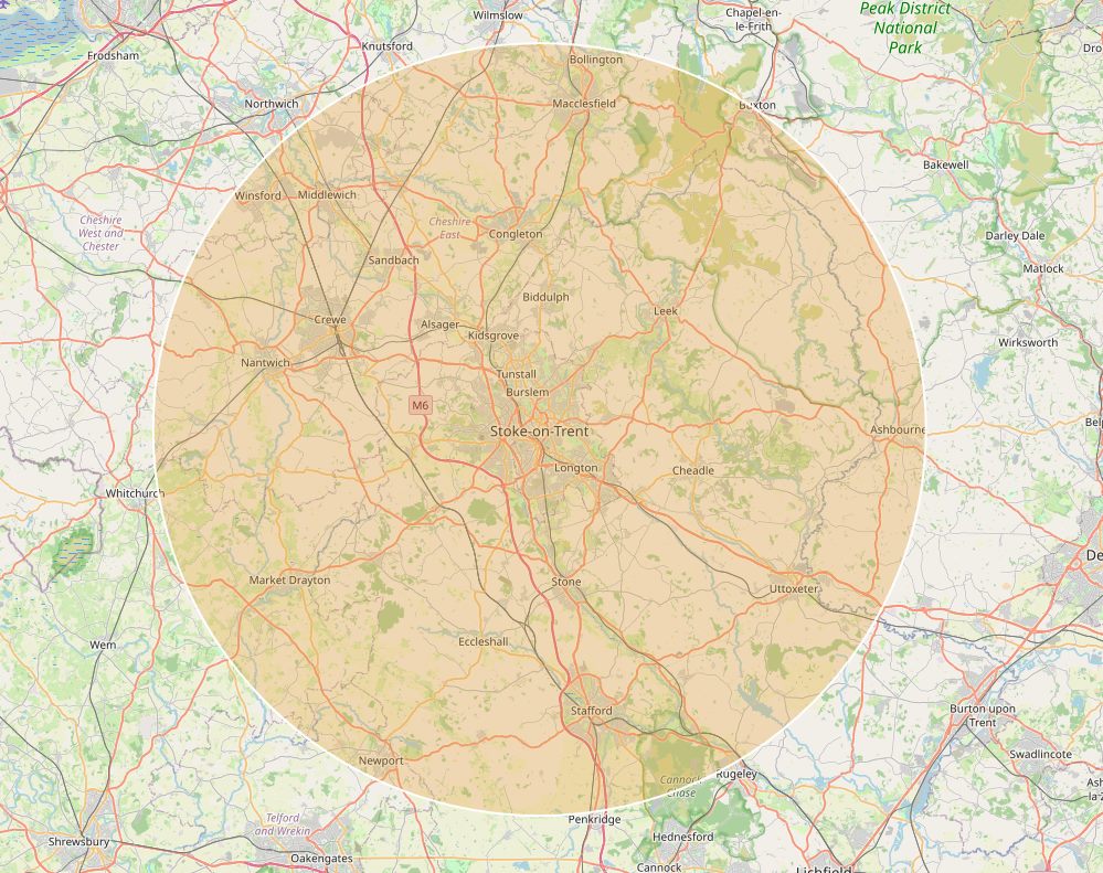 Map of North Staffordshire showing the area J2 Patios & Driveways covers &mdash; roughly a twenty-mile radius around Stoke-on-Trent, reaching Crewe, Macclesfield, Leek, Uttoxeter, Stafford and Market Drayton